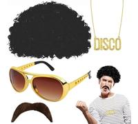 Peluca afro - Peluca hippie con collar de bigote y gafas de lujo para un