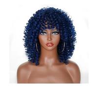 Peluca afro rizada de 14 pulgadas con flecos para mujeres negras, pelucas sintéticas, sin pegamento, para fiestas diarias, añade volumen al cabello (M1B-BLUE)