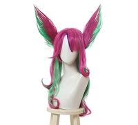 Peluca Anime Cosplay L-email Peluca LOL Xayah Cosplay Pelucas Star Guardians Larga Rosa Verde Cosplay Peluca con orejas Halloween Pelo sintético resistente al calor 25 pulgadas Muli Color
