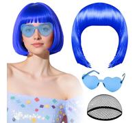 Peluca azul con gafas de sol con forma de corazón y gorro para mujer PLULON pelucas cortas bob sintéticas de colores divertidas piezas de cosplay para mujeres hombres despedidas de soltera Halloween