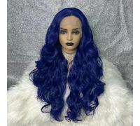 Peluca azul de cuerpo largo, peluca sintética rizada, peluca sin pegamento, peluca frontal de encaje azul oscuro para mujeres, pelucas de cosplay de alta densidad, azul oscuro, 180%, encaje frontal, 2