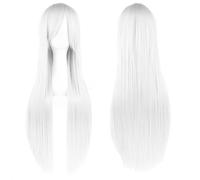 Peluca blanca|Peluca blanca larga de 32 pulgadas de largo natural recta con flequillo Fibra sintética resistente al calor transpirable ajustable para Halloween, fiesta, cosplay