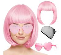 Peluca Bob Corta,Short Bob Wig,Peluca Rosa con Gorro y Gafas de Sol para Mujer,Peluca Cosplay de Colores para Fiesta, Peluca Bob Rosa para Mujer