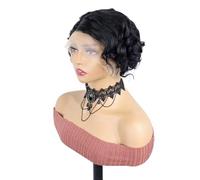 Peluca Bob corta y rizada, cabello corto elfo con ondas agua, peluca de encaje 13X4, peluca Bob rizada de cabello humano, con cabello bebé, adecuada for que las mujeres la usen en fiestas diarias.(Nat