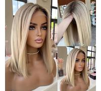 Peluca Bob cortada neta 180% densidad - Color rubio vainilla crema barrido - Peluca de cabello humano - Gorra de encaje transpirable 13 x 4 - Sistema de mapeo 3D