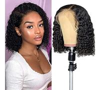 Peluca brasileña de Cabello Humano Pelucas Cortas onduladas Peluca Delantera de Encaje de Onda Profunda Peluca Negra Rizos para Mujeres Negro Natural 150% Densidad - 14 Pulgadas