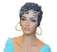 Peluca brasileña del pelo humano de la Virgen del frente del cordón del corte Pixie, pelucas frontales de los cordones 13X4 pelos rizados en capas cortos con flequillo Suave y Natural(GRAY)