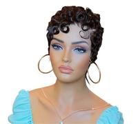 Peluca brasileña del pelo humano de la Virgen del frente del cordón del corte Pixie, pelucas frontales de los cordones 13X4 pelos rizados en capas cortos con flequillo Suave y Natural(Dark Brown)