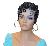 Peluca brasileña del pelo humano de la Virgen del frente del cordón del corte Pixie, pelucas frontales de los cordones 13X4 pelos rizados en capas cortos con flequillo(Black)