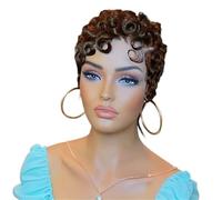 Peluca brasileña del pelo humano de la Virgen del frente del cordón del corte Pixie, pelucas frontales de los cordones 13X4 pelos rizados en capas cortos con flequillo(Light Brown)