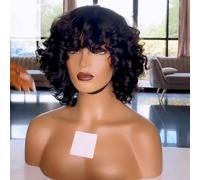 Peluca brasileña Remy Curl Scalp Top hecha a máquina con flequillo pelucas de cabello humano corto y rizado con corte Bob for mujeres negras(Bob 180%,20 Inch)