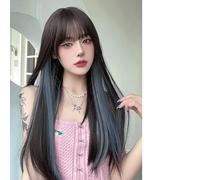 Peluca Completa, Flequillo Natural, Peluca De Pelo Largo Y Liso Negro, Cabello Simulado Para Mujer, Reflejos Azules Neblina De Té Negro