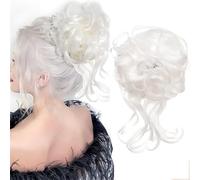 Peluca con banda elástica y cabello, pelúca para moño despeinado, pelúca con cabello rizado y desordenado, pelúca para moño y peinados recogidos para mujeres y niñas (Blanco)