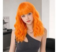 Peluca con flequillo de color naranja neón, ondulado, 14 pulgadas, para circunferencia de la cabeza de 48 a 53 cm