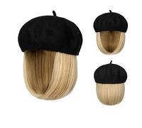 Peluca Con Flequillo Peluca De Sombrero Bob Hat Peluca 9.5 Pulgadas Recto Corto Sintético Bobo Pelucas Sombrero Con Cabello Natural Gorro con Pelo Atado para Mujer(1)
