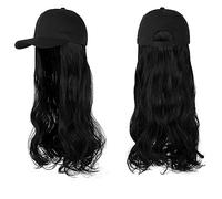 Peluca Con Flequillo Peluca De Sombrero Peluca sintética ondulada larga Gorra de béisbol con extensiones de cabello Sombrero Pelucas Hueso Negro natural Conexión Peluca ajustable for mujeres Gorro con