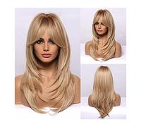 Peluca Con Flequillo Peluca sintética con flequillo Pelucas marrones largas medianas naturales for mujer Ombre Capas de cabello con raíces oscuras 150% Densidad Pelucas de fibra resistente al calor su