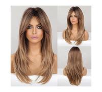 Peluca Con Flequillo Peluca sintética con flequillo Pelucas marrones largas medianas naturales for mujer Ombre Capas de cabello con raíces oscuras 150% Densidad Pelucas de fibra resistente al calor su