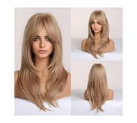 Peluca Con Flequillo Peluca sintética con flequillo Pelucas marrones largas medianas naturales for mujer Ombre Capas de cabello con raíces oscuras 150% Densidad Pelucas de fibra resistente al calor su