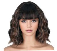 Peluca con flequillo, pelucas cortas rizadas onduladas de 12 pulgadas, cabello falso de color marrón de seda a alta temperatura para mujeres, use de fiesta diaria con flequillo