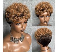 Peluca corta africana rizada, peluca elfo color degradado corta y rizada 6 pulgadas, peluca de cabello humano sin pegamento, con flequillo, adecuada for que las mujeres la usen en fiestas diarias