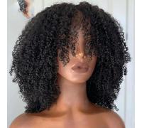Peluca corta afro rizada con flequillo, cabello humano, cuero cabelludo superior, peluca completamente hecha a máquina, peluca afro rizada brasileña, flequillo, densidad 200, 8 pulgadas, densidad 150,