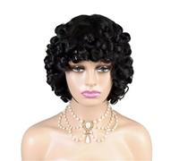Peluca corta Bob de 12 pulgadas con rizos sueltos y flequillo de cabello humano, 180% de densidad, para mujer, sin encaje, sin pegamento, agrega volumen al cabello (negro)