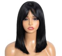 Peluca corta Bob de 16 pulgadas for mujer con flequillo de cortina, pelucas sintéticas rectas en capas for uso diario en fiestas, cosplay y Navidad Suave y Natural(#1B)