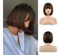 Peluca corta con flequillo completo, color natural, sintética, para mujeres blancas y negras, para Halloween, Navidad, cosplay, cabello Lolita, marrón