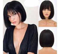 Peluca corta con flequillo completo, color natural, sintética, para mujeres negras y blancas, para Halloween, Navidad, cosplay, cabello Lolita, 1B