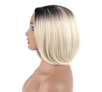 Peluca corta de 14 pulgadas, lisa, rubia platino, estilo bob, peluca sintética blanca con efecto ombré y raíces negras for uso diario. para mujeres encantadoras