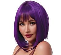 Peluca corta de Bob púrpura de 12 pulgadas con flequillo, pelucas rectas con correas ajustables for cosplay for mujeres Suave y Natural