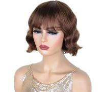 Peluca corta de cabello humano con flequillo, pelucas Bob onduladas for mujeres blancas y negras de 8 pulgadas(Brown)