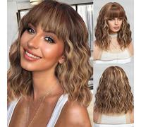Peluca corta de color castaño rubio, longitud al hombro, rizada, ondulada, color marrón degradado, con flequillo, para mujer, encantadora peluca de pelo sintético resistente al calor para citas y uso