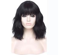 Peluca corta estilo bob con flequillo, peluca sintética ondulada y rizada hasta los hombros for mujer, ideal for disfraces y cosplay.(Black)
