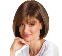 Peluca corta estilo bob con reflejos rubios y castaños, peluca lisa en capas con raya al lado y raíz oscura, de fibra sintética natural for mujer. Suave y Natural