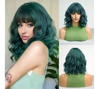 Peluca corta estilo Bob verde oscuro con flequillo para mujer, peluca corta de 14 pulgadas, suelta, rizada, longitud de hombro, pelucas sintéticas coloridas, encantadoras y resistentes al calor, para