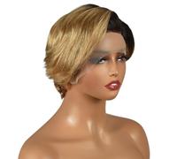 Peluca corta estilo pixie, con frontal de encaje HD, de cabello humano, con raya al lado, 13x5x1, sin pegamento, for mujeres negras.(1B/30)