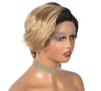Peluca corta estilo pixie, con frontal de encaje HD, de cabello humano, con raya al lado, 13x5x1, sin pegamento, for mujeres negras.(1B/27)