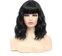 Peluca corta ondulada con flequillo de aire, pelucas rizadas onduladas con mujer, peluca sintética rizada ondulada, longitud del hombro, encantadoras pelucas de cabello ondulado natural