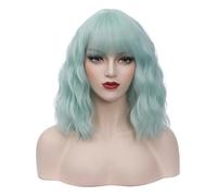 Peluca corta ondulada y rizada para mujer, 35,56 cm, color verde menta, bob, cosplay, pelo sintético con flequillo limpio y gorro de peluca gratis (verde menta)