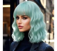 Peluca corta ondulada y rizada para mujer, 35,56 cm, color verde menta, bob, cosplay, pelo sintético con flequillo limpio y gorro de peluca gratis (verde menta)