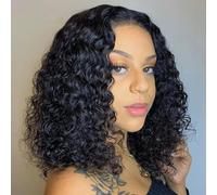Peluca corta rizada de arándano, peluca ondulada y húmeda con ondas al agua, pelucas de cabello humano con frente de encaje malasio para mujeres, peluca frontal de 13x4, color natural, 14 pulgadas, pe