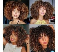 Peluca corta rizada rubia sintética afro rizada con flequillo para mujeres negras Peluca de cosplay rubia ombré natural - 16 pulgadas T4-30
