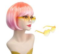 Peluca Corta Y Colorida Con Flequillo Plano, Peluca Sintética De Cosplay De Arcoíris Y Gafas De Sol Para Mujeres Y Adultos, Recuerdos De Fiesta De Carnaval