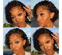 Peluca corta y rizada de color natural, peluca de encaje 13x1 peluca de corte pixie peluca rizada, peluca resistente al calor, for uso diario de cosplay en fiestas de mujeres negras.