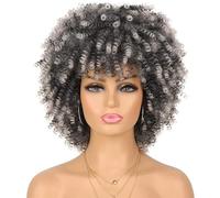 Peluca corta y rizada for mujeres negras con flequillo, pelucas afro esponjosas sintéticas resistentes al calor sin pegamento for uso diario(1BT0906)