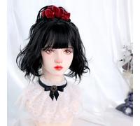 Peluca Corta Y Rizada Para Mujer Lolita Jk Daily Sweet Cool Hot Girl Peluca Linda Para Fiesta Navidad Halloween (Black)