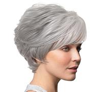 Peluca corta y rizada, peluca ondulada y rizada gris corta para mujer con flequillo, sintética de aspecto natural para uso diario ocasiones de fiesta