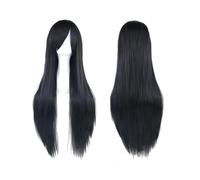 Peluca de 80 cm de largo, lisa, sintética, con flequillo para Halloween, pelo de anime para mujer, fiesta de disfraces, uso diario (negro)